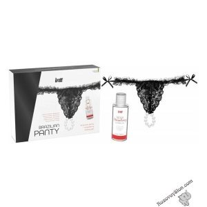 Набір Intt BRAZILIAN PANTY BLACK: трусики на зав&rsquo;язках S-XL з перлинним кільцем + полунична змазка (SO7129)