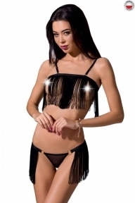 Комплект білизни KASSANDRA SET OpenBra black XXL/3XL - Passion Exclusive: ліф з бахроми, трусики-спідниця (PS26303)
