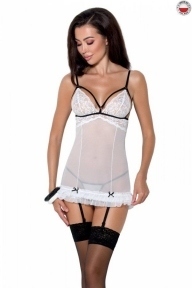 Сорочка прозора з пажами ORIHIME CHEMISE white L/XL - Passion, трусики, стрепи (EL16404)