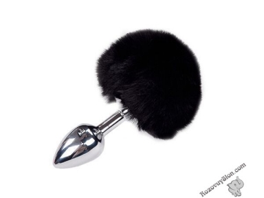 Металева анальна пробка Кролячий хвостик Alive Fluffly Plug S Black (SO6312)