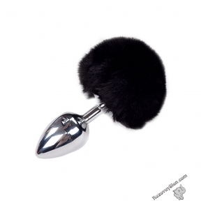 Металева анальна пробка Кролячий хвостик Alive Fluffly Plug L Black (SO6318)