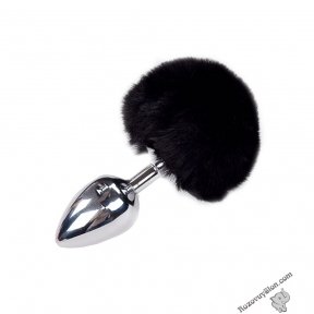 Металева анальна пробка Кролячий хвостик Alive Fluffly Plug L Black (SO6318)