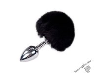 Металева анальна пробка Кролячий хвостик Alive Fluffly Plug S Black (SO6312)